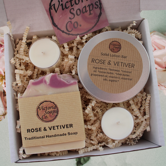 ROSE & VETIVER Handmade Soap, Lotion Bar and Tealight Candles Gift Set for Hands and Body