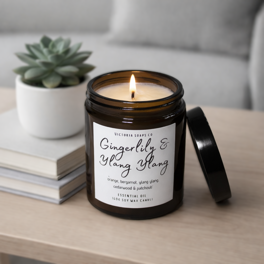 Essential Oil Aromatherapy Soy Wax Candle, Cotton Wick, 160g. Gingerlily & Ylang Ylang