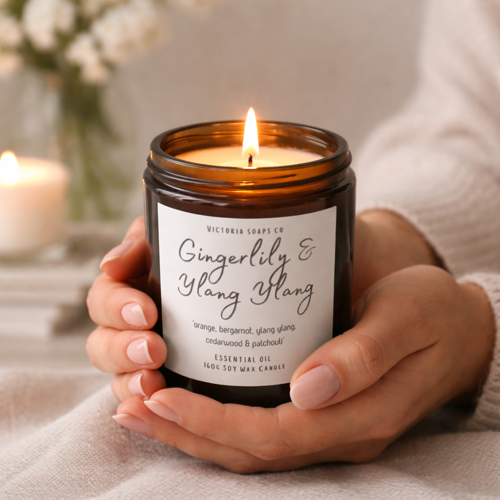 Essential Oil Aromatherapy Soy Wax Candle, Cotton Wick, 160g. Gingerlily & Ylang Ylang